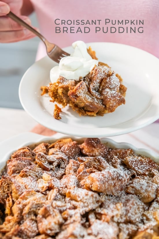 serving of croissant pumpkin bread pudding with whipped cream 