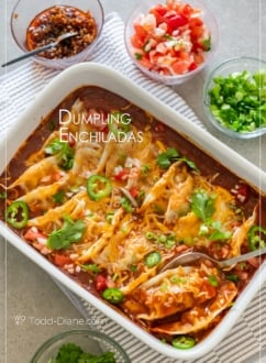 dumpling enchiladas recipe in baking dish