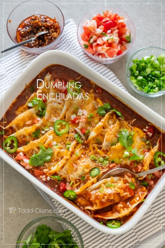 dumpling enchiladas recipe in baking dish