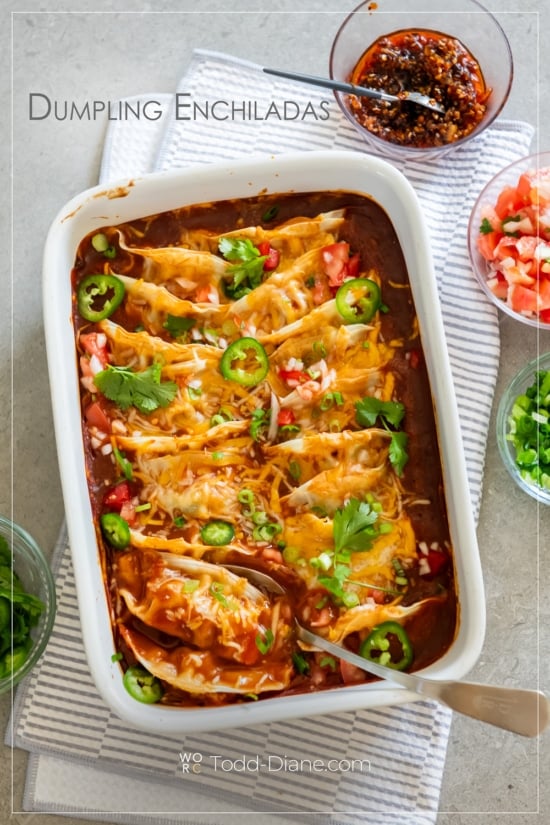 spoon in dish of dumplings enchiladas