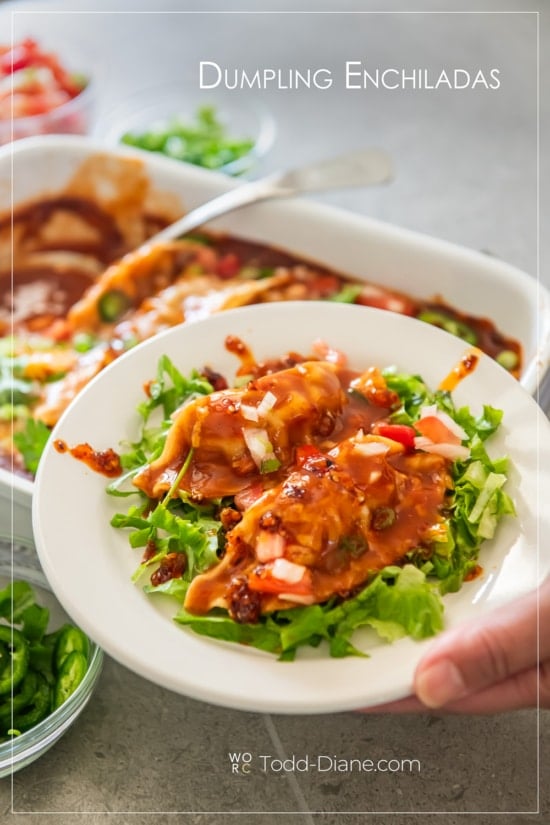 two dumpling enchiladas on a plate potsticker enchiladas