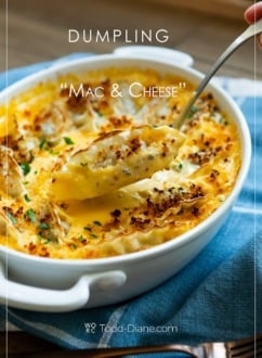 dumpling mac and cheese with spoon