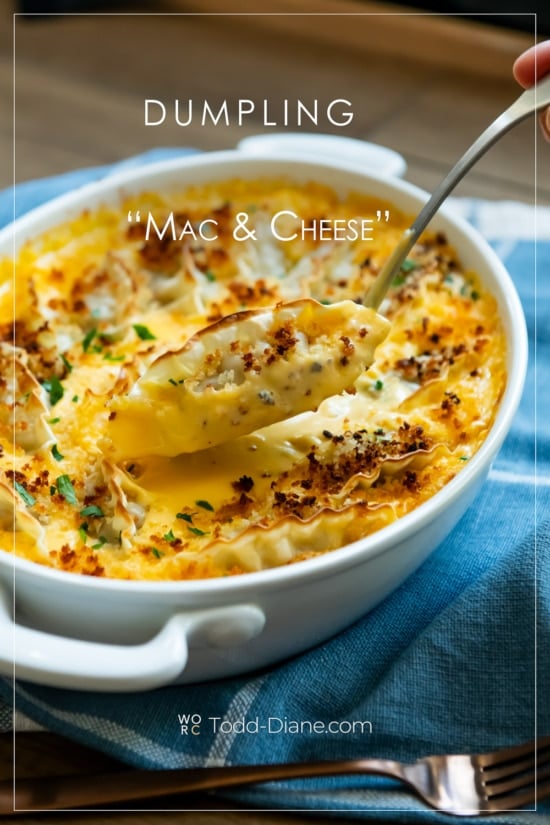 dumpling mac and cheese with spoon 