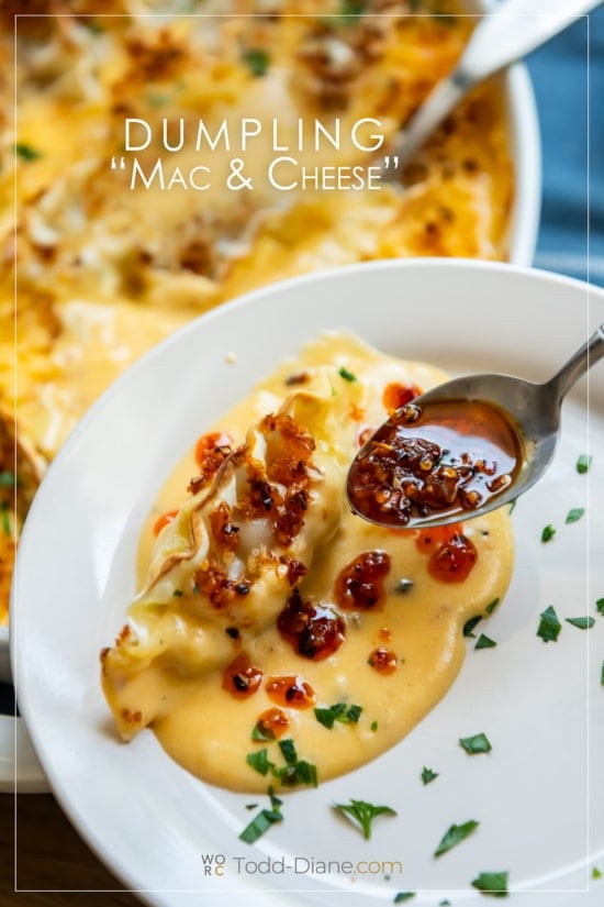 saucing chili crisp over dumpling mac and cheese