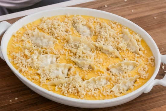 Breadcrumbs on top of dumplings