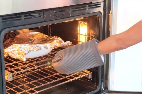 Placing dumpling bake in oven