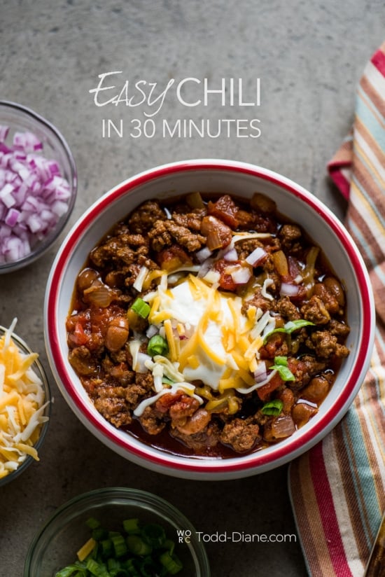 bowl of chili with toppings 