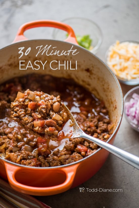 easy chili recipe with spoon and pot 