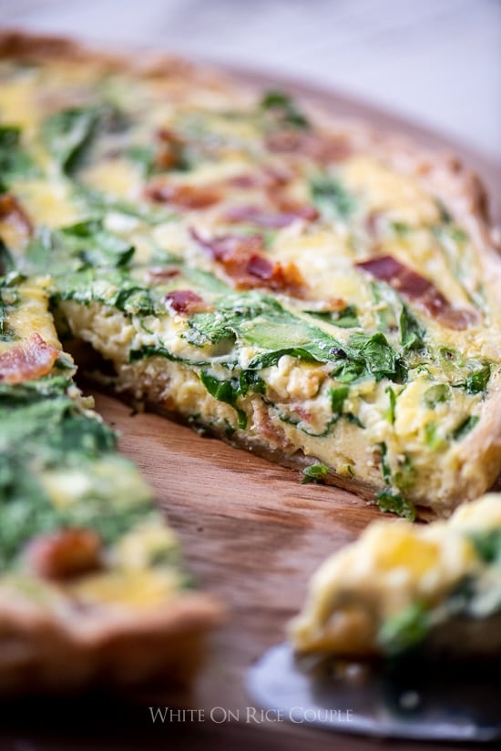 Easy Quiche Lorraine Recipe close up on a cutting board