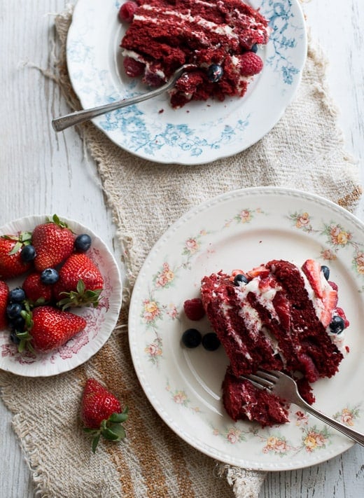 Easy and Moist Red Velvet Cake slice on a plate
