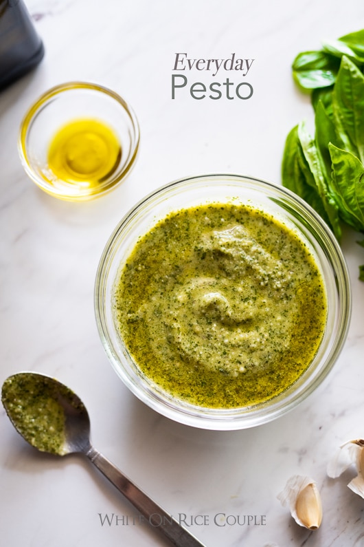 Everyday Basil Pesto in a glass bowl