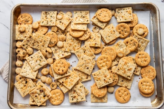 Baked crackers on sheet pan