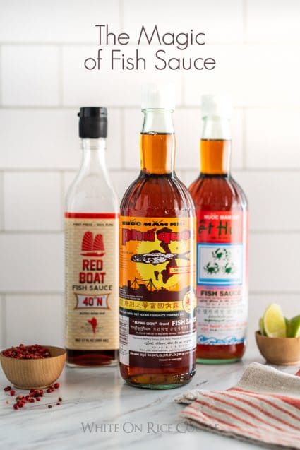 Fish sauce bottles on counter top