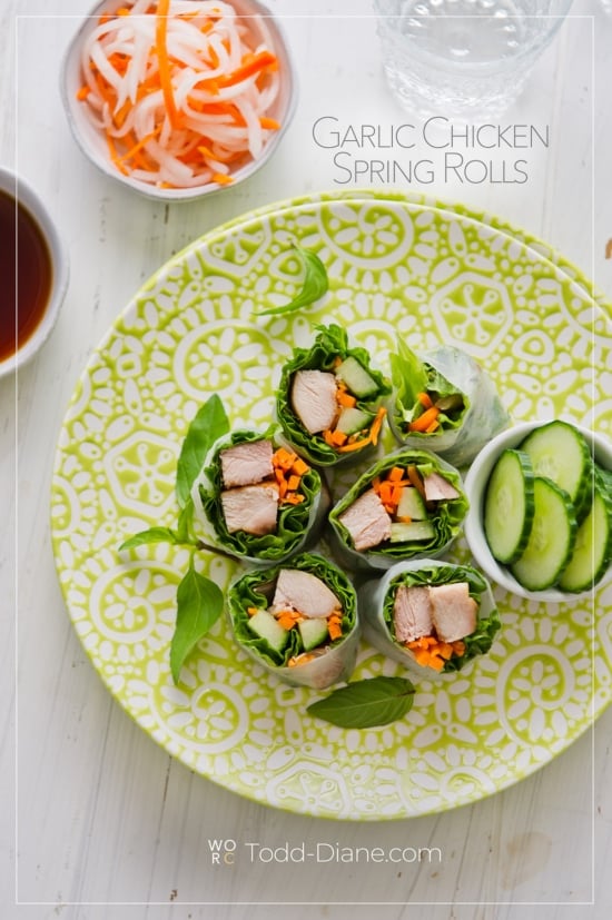 cut bites of garlic chicken spring rolls