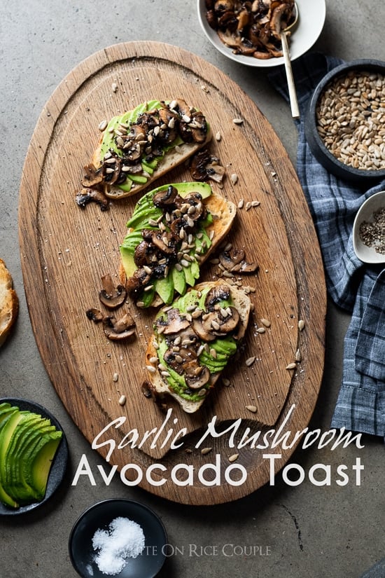 Garlic Mushroom Avocado Toast on a cutting board