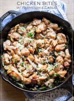 skillet of chicken bites recipe with parmesan melted