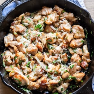 skillet of chicken bites recipe with parmesan melted