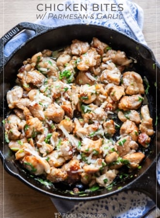 skillet of chicken bites recipe with parmesan melted