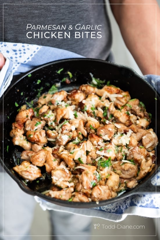 holding skillet garlic chicken bites