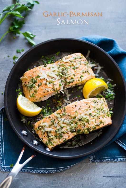 Healthy Garlic Parmesan Salmon in a skillet