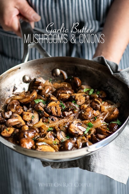 Garlic mushrooms recipe in garlic butter with onions in a skillet