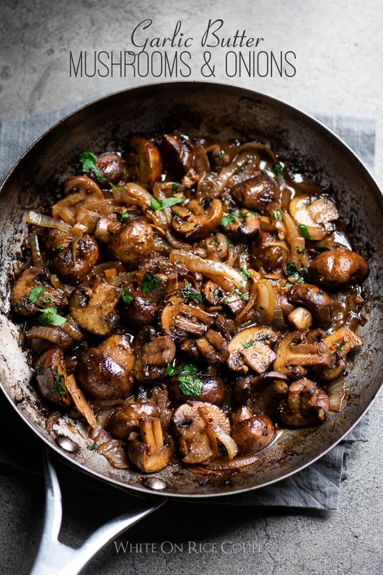 Garlic mushrooms recipe in garlic butter with onions in a skillet