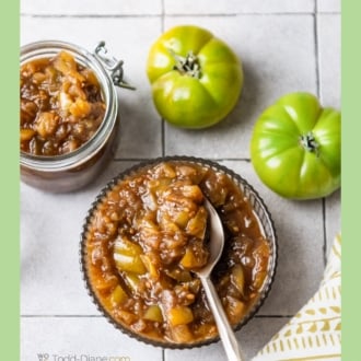 sweet and spicy green tomato chutney with spoon
