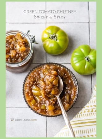 sweet and spicy green tomato chutney with spoon