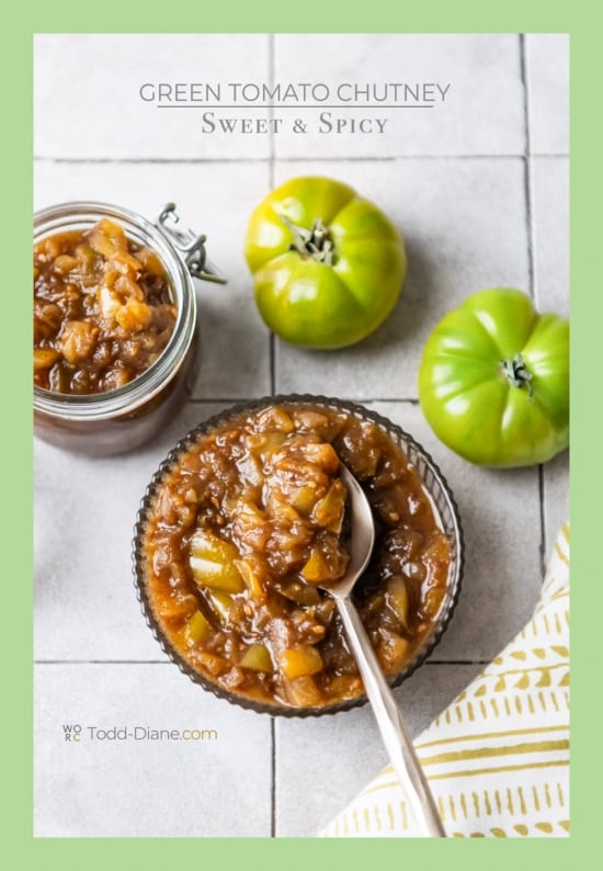 sweet and spicy green tomato chutney with spoon