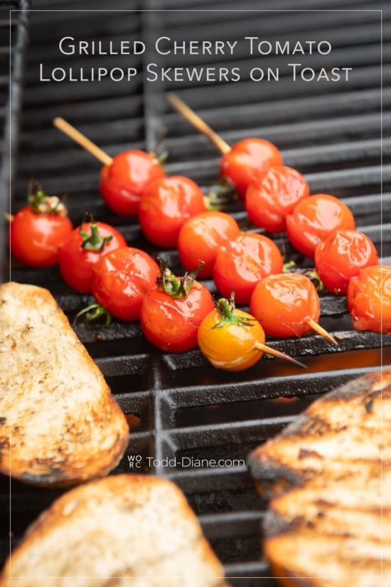 cherry tomato skewers on grill with bread 