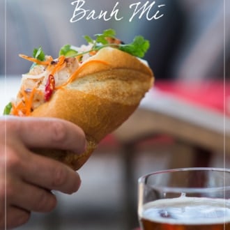 Hand holding Grilled Chicken Vietnamese Banh Mi by WhiteOnRicecouple.com