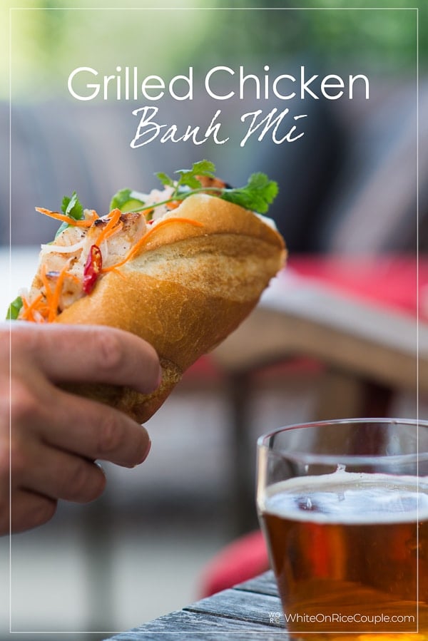 Hand holding Grilled Chicken Vietnamese Banh Mi held by hand