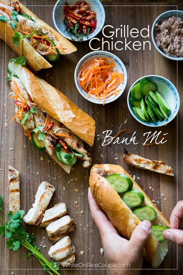 Grilled Chicken Vietnamese Banh Mi on a cutting board