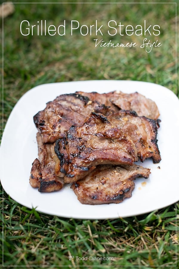 Grilled Pork Steaks Recipe on BBQ with Asian Vietnamese Marinade on a plate