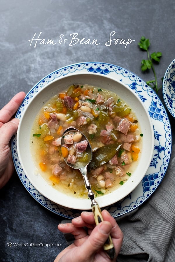 Easy Ham and White Bean Soup Recipe on Stove Top in a bowl with a spoon