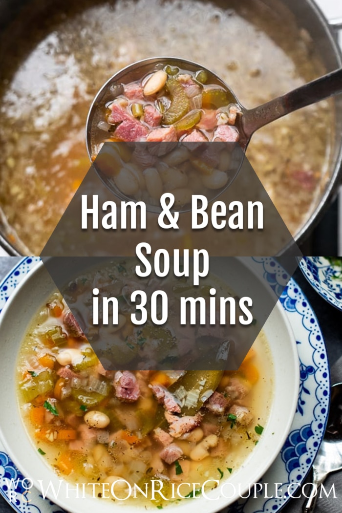stove top white bean and ham soup recipe collage