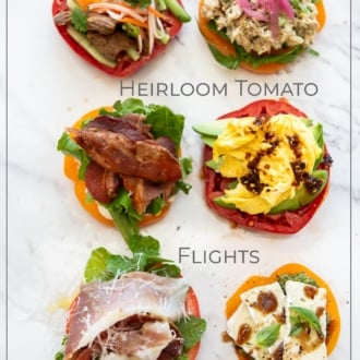 platter of heirloom tomato flights with different toppings