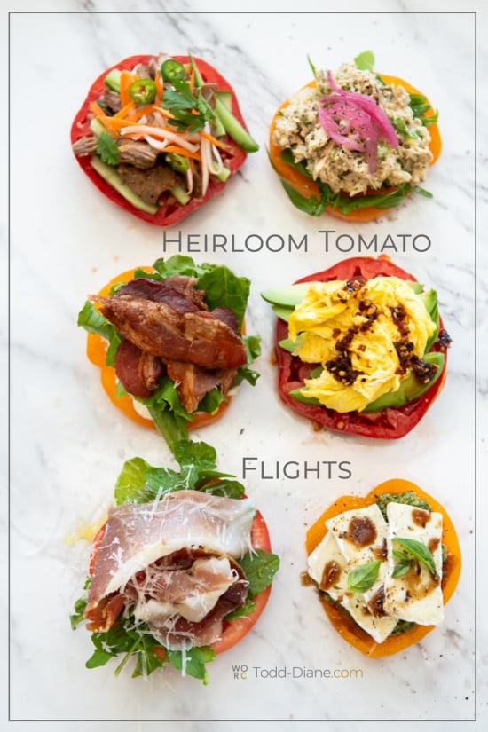 platter of heirloom tomato flights with different toppings