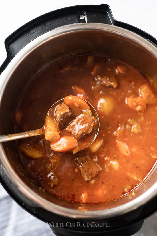 Beef Stew Recipe in Slow Cooker or Instant Pot White on Rice