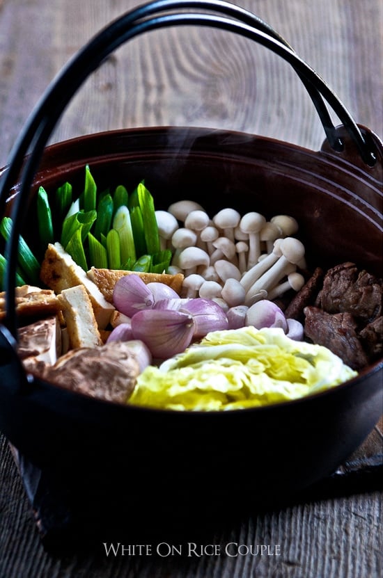 Sukiyaki: Japanese hot pot with beef, tofu, rice noodles and vegetables