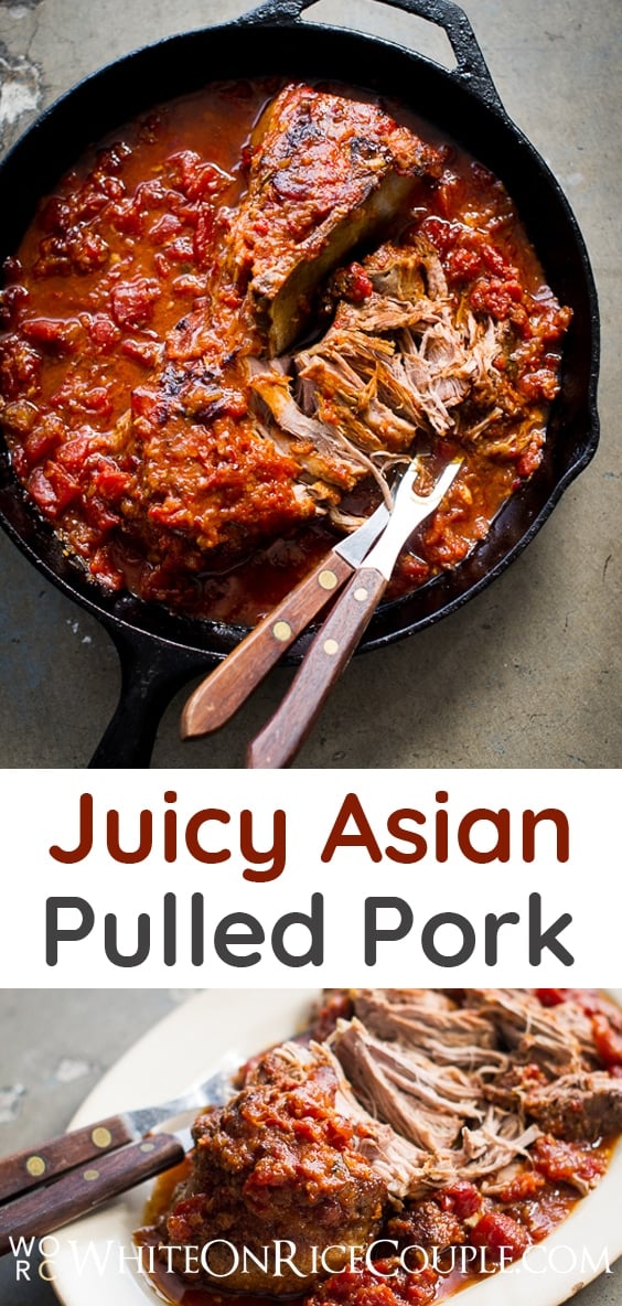 Juicy Asian Oven Roasted Pulled Pork Recipe for Sliders, Tacos, Rice and Pasta! from WhiteOnRicecouple.com