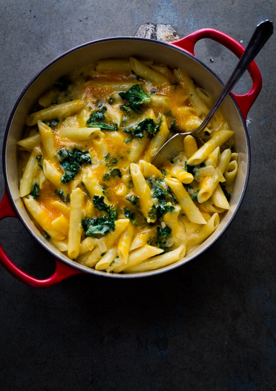 Easy One Pot, Stove Top Creamy Kale Mac and Cheese in pot