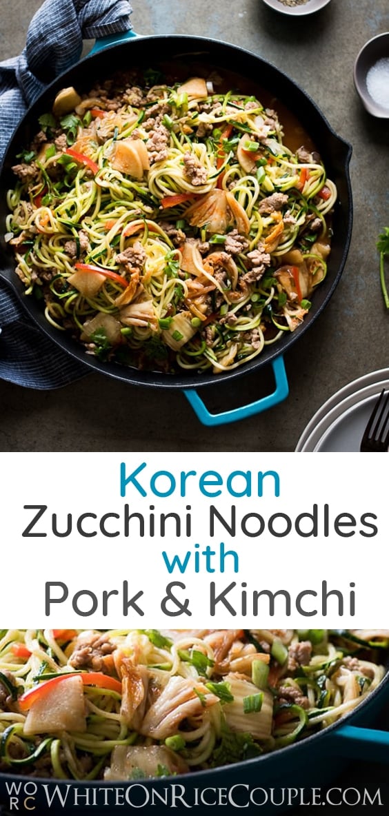 Asian Zucchini Noodle Stir Fry with Pork And Korean Kim Chi | @whiteonrice
