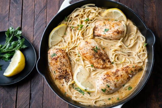 Chicken served with pasta