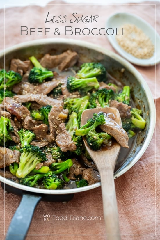 spoon and skillet with beef and broccoli