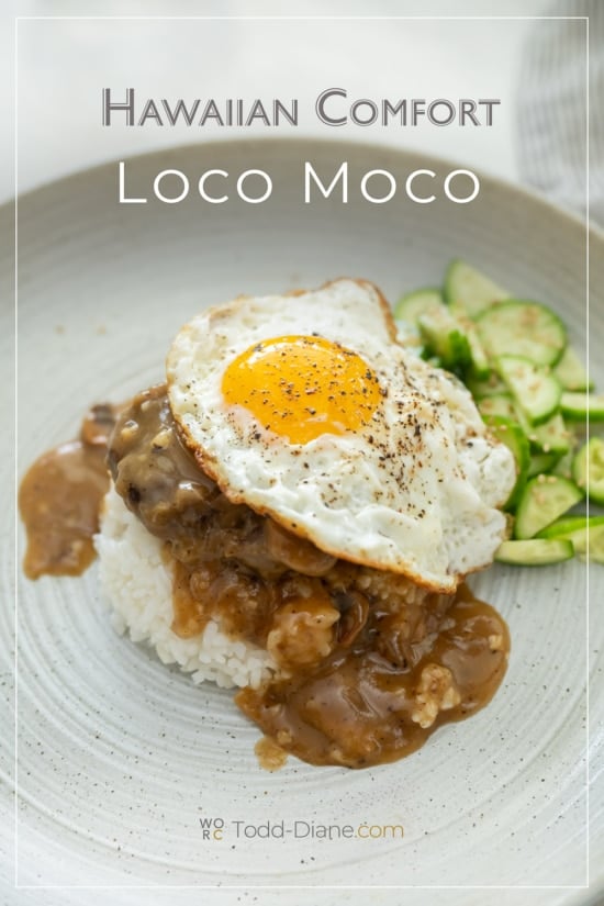 loco moco on plate with cucumbers