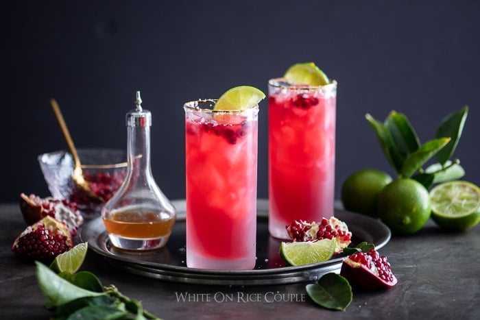 Pomegranate Margarita in salted rim glass