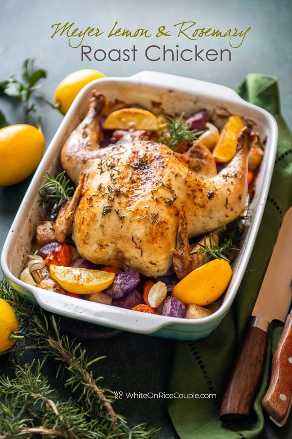 Meyer Lemon Rosemary Roast Chicken in a baking dish