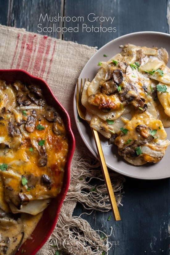 Mushroom Gravy Scalloped Potatoes on a plate with a fork