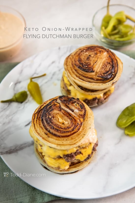 two In-N-Out copycat flying dutchman burgers on a plate 